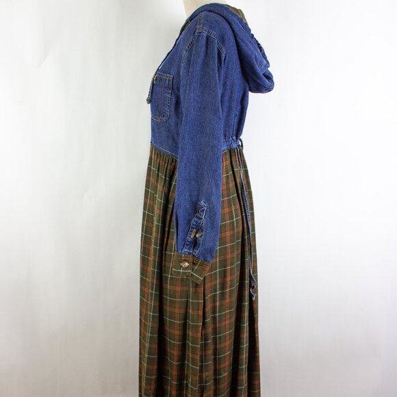 Vtintage Jones New York Denim Maxi Dress Hooded Contrast Plaid Modest Prairie - Picture 6 of 9